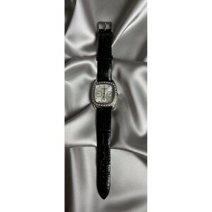 Fossil Women’s Silver Crystal Bezel Watch ES-1011 | Black Croc Leather Band